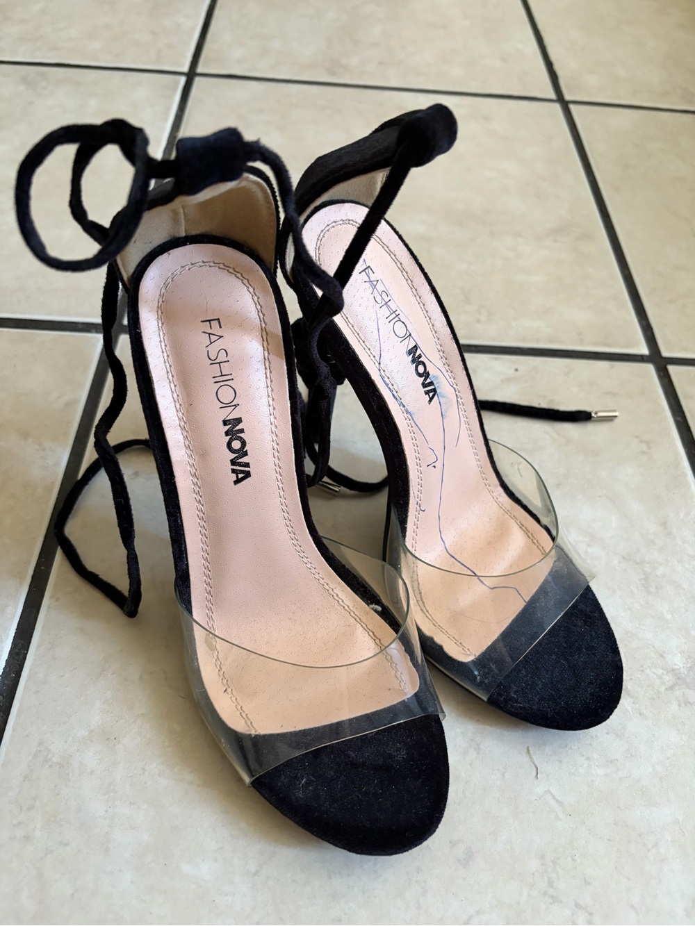 Fashion Nova Black Lace-Up Clear Band Stiletto Heels
